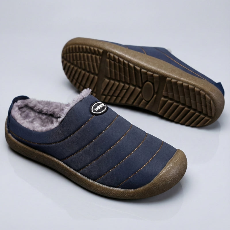 Fleece-lined winter clogs – navy pair and treaded outsole