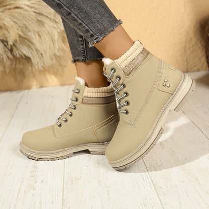 Faux-fur-lined winter ankle boots – beige pair side view on feet