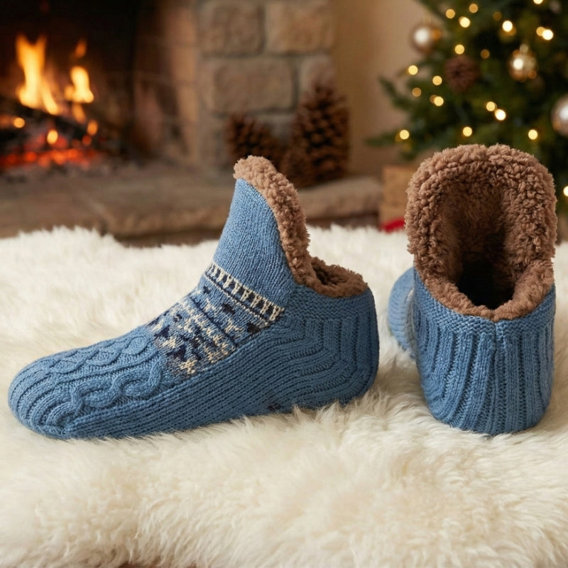 Auldweave unisex ultra-warm fleece-lined slipper socks – blue pair beside a fireplace