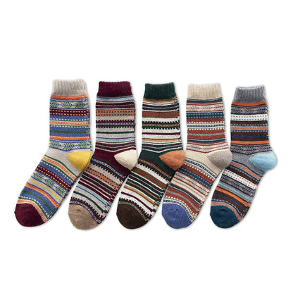Five-pair Nordic-pattern winter socks – striped colour assortment