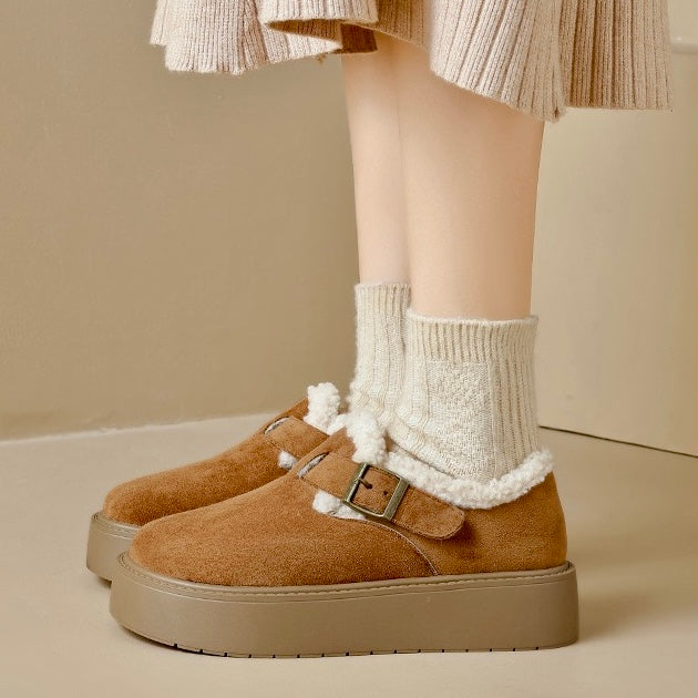 Auldweave women's fleece-lined platform Mary Jane shoes – tan shoes worn from the side