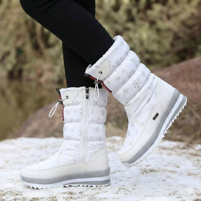 Auldweave women's waterproof mid-calf snow boots – white snowflake boots worn in snow