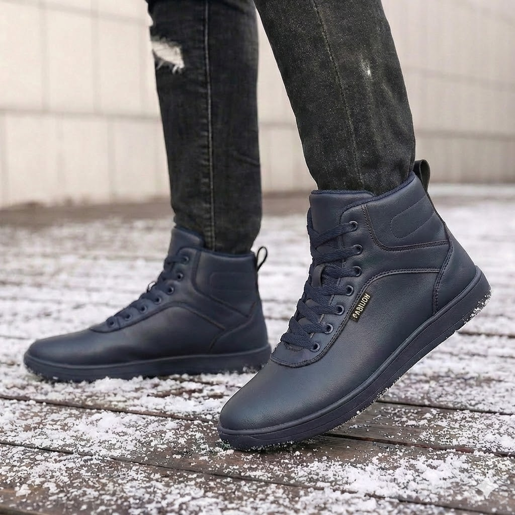 Fleece-lined lace-up winter boots – navy pair on a snowy path