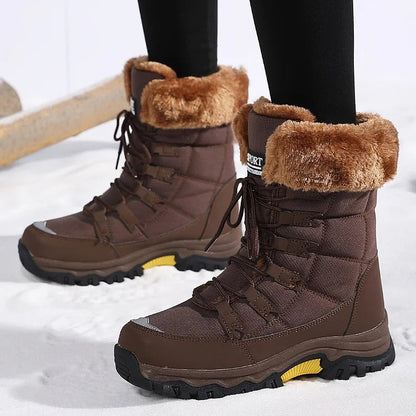 Coffee-brown winter boots with tan fleece cuffs worn outdoors