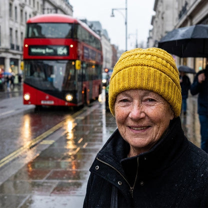 Cable-knit winter beanie – yellow beanie worn on a London street