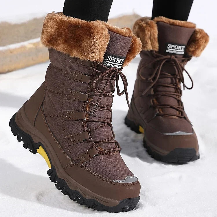 Front view of coffee-brown winter boots with lace-up fastening