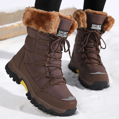 Front view of coffee-brown winter boots with lace-up fastening