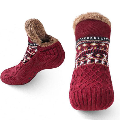 Auldweave warm fleece-lined non-slip slipper socks – burgundy pair in front and sole views