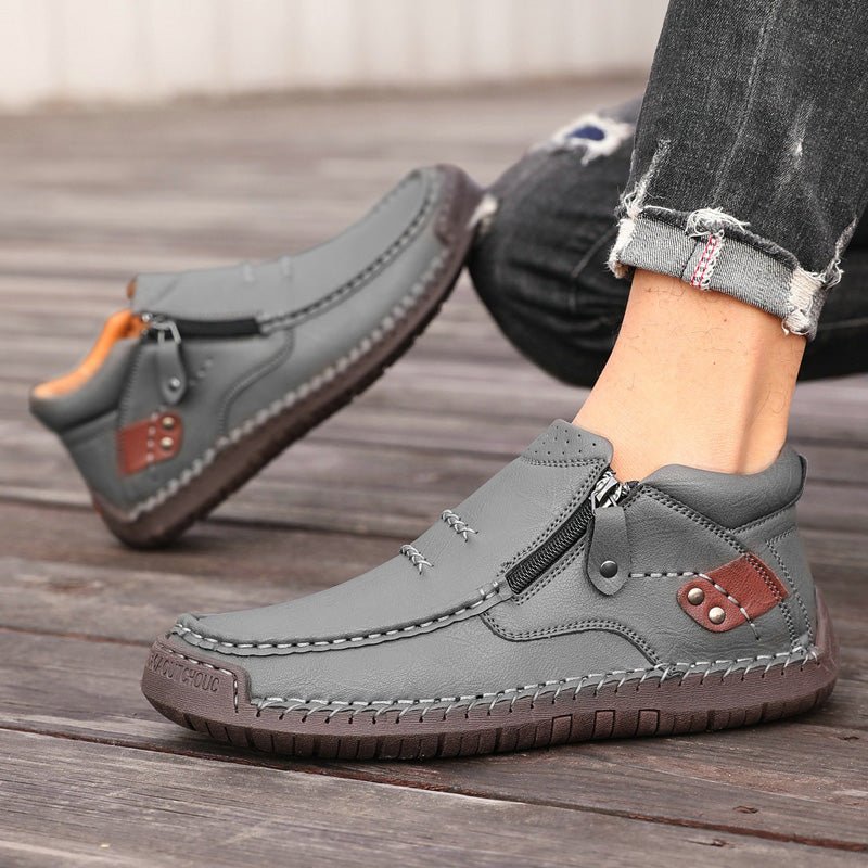 Men's wide fit, cushioned comfort, leather look ankle boots with everyday walking