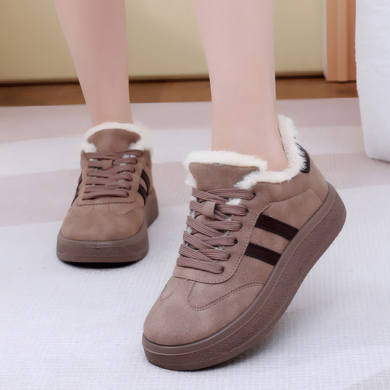 Auldweave women's fleece-lined suede trainers – taupe trainers worn from the front