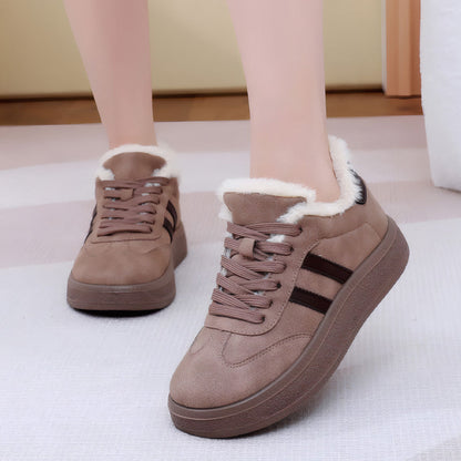Auldweave women's fleece-lined suede trainers – taupe trainers worn from the front