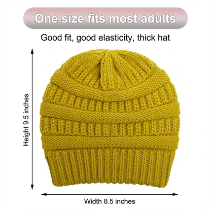 Cable-knit winter beanie – yellow beanie and dimensions