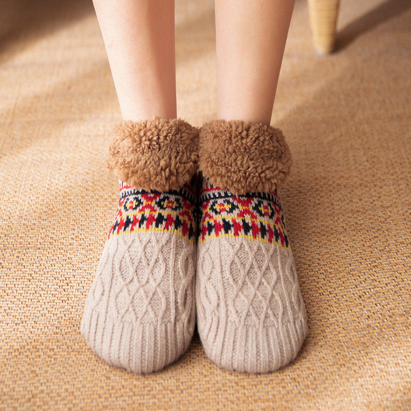 Auldweave warm fleece-lined non-slip slipper socks – cream pair worn indoors