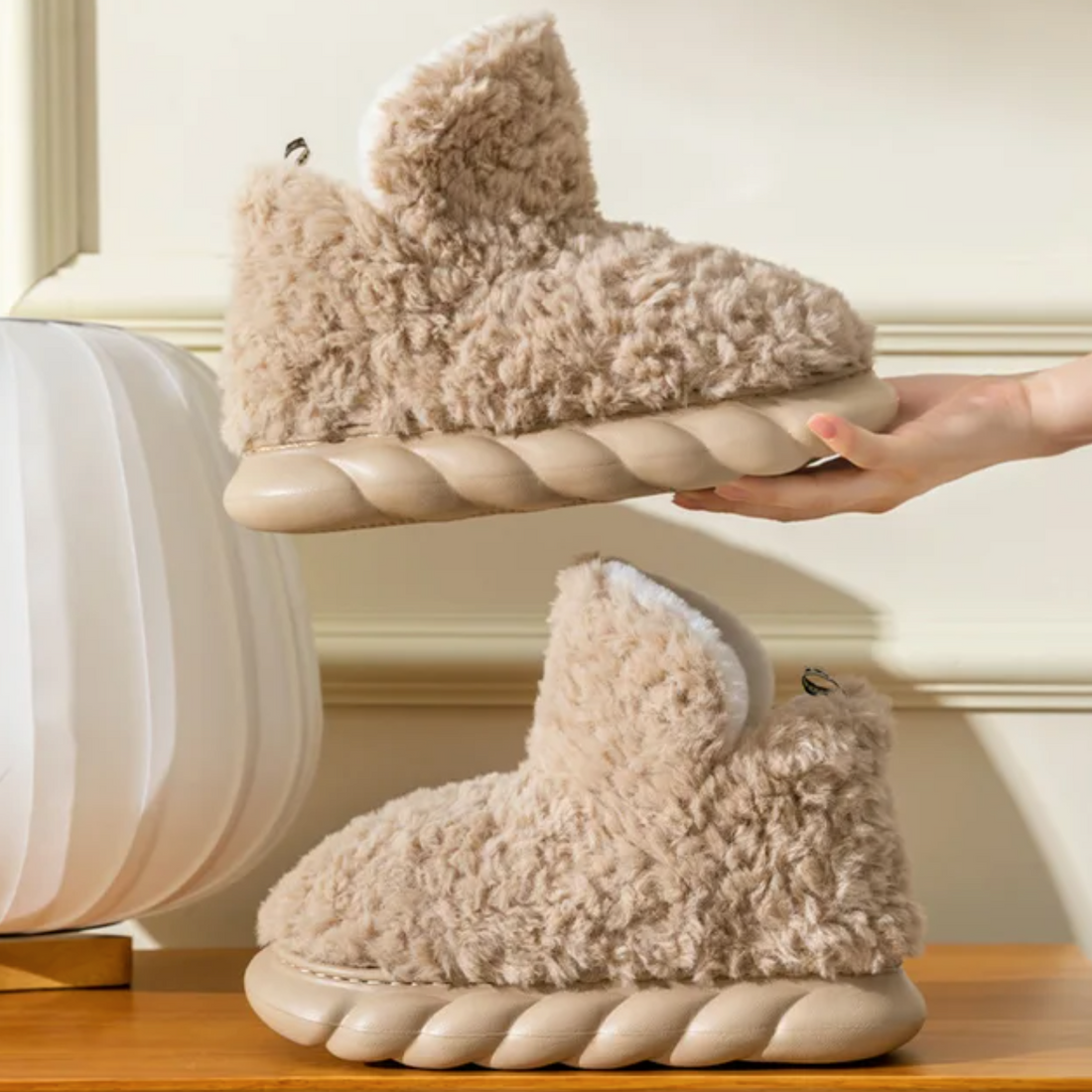 Plush fleece ankle slippers – brown pair showing flexible sole