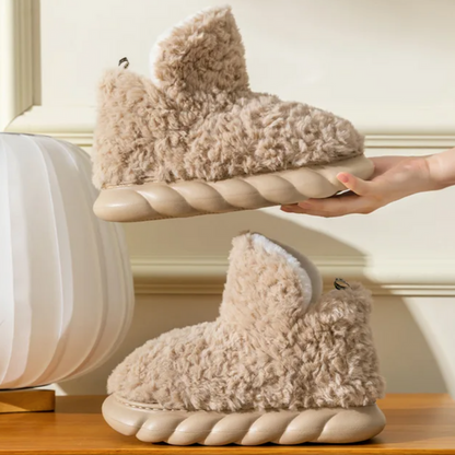 Plush fleece ankle slippers – brown pair showing flexible sole