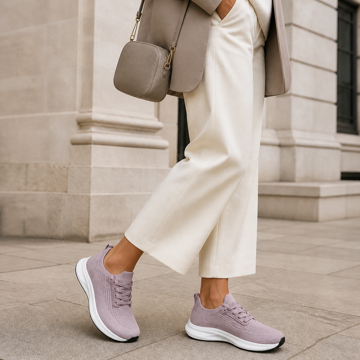 Dusty mauve work trainers styled with ivory city tailoring