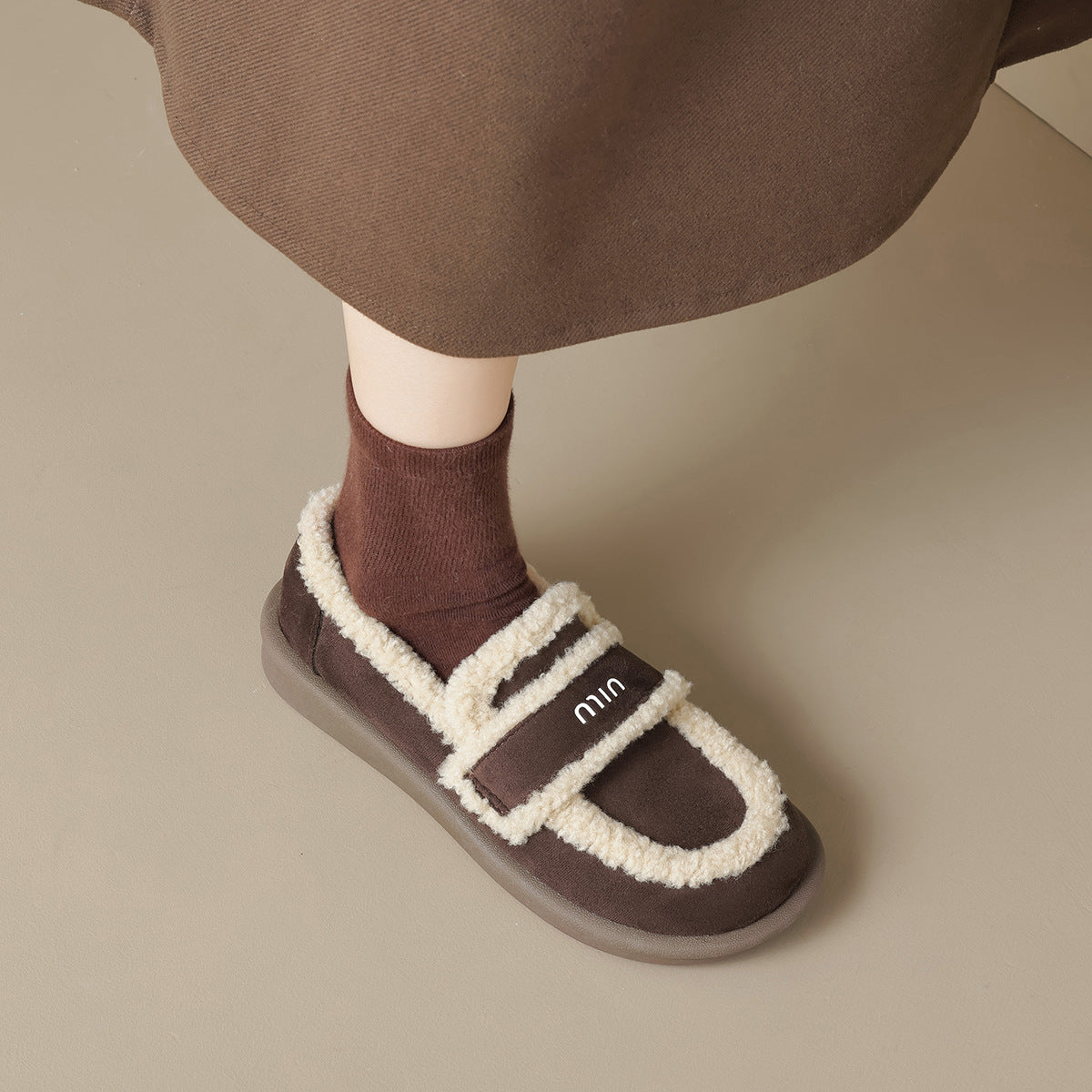 Auldweave women's fleece-lined slip-on loafers – brown loafers worn from the front