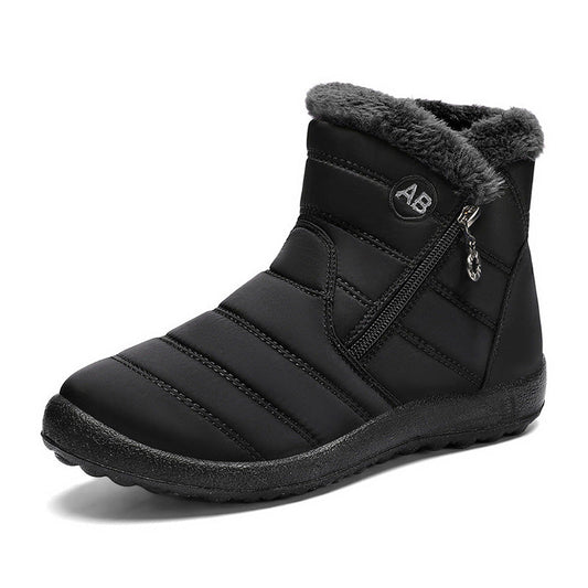 Black quilted winter ankle boot with a side zipper and fleece collar