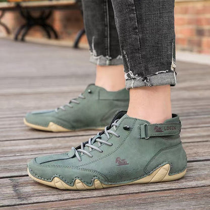 Unisex leather boots with wide toe design and adjustable ankle strap