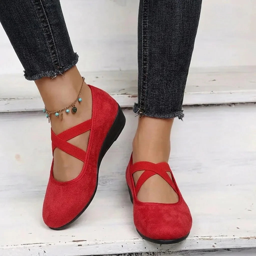 Red Mary Jane flats for women, close on-foot view