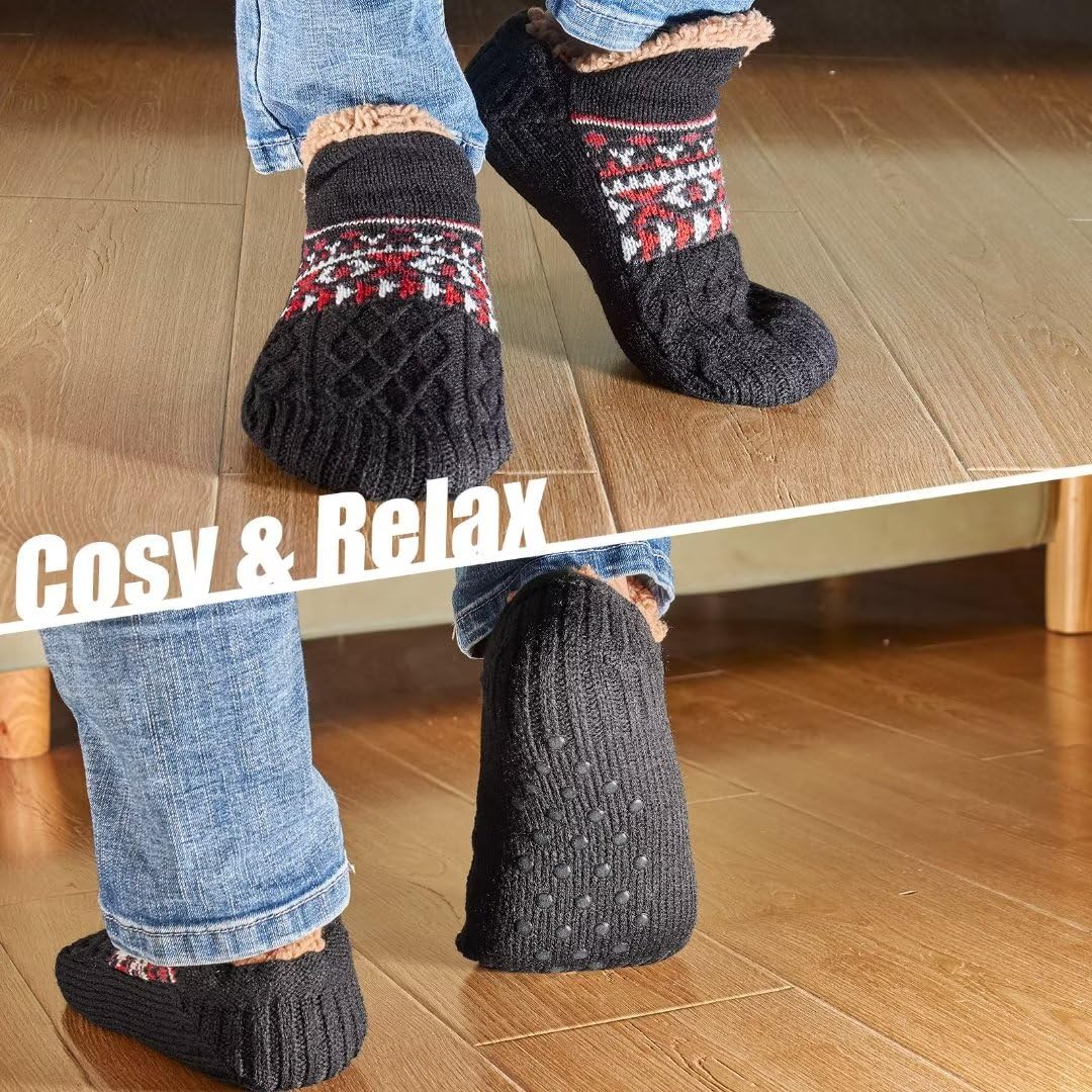 Auldweave warm fleece-lined non-slip slipper socks – black and grey pairs worn indoors