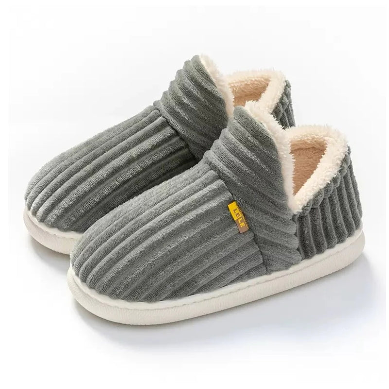 Corduroy fleece-lined slippers – grey pair with raised heel cuffs