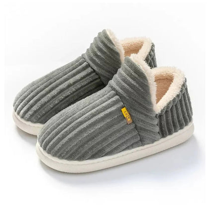 Corduroy fleece-lined slippers – grey pair with raised heel cuffs