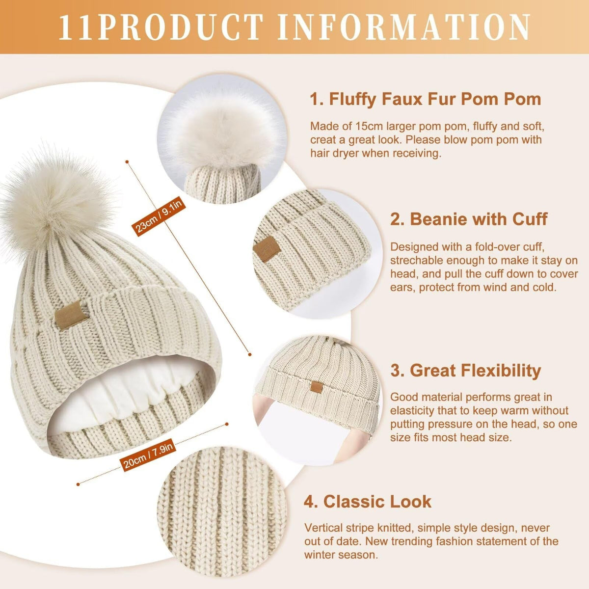 Winter hat scarf and glove set – pom pom and ribbed beanie details