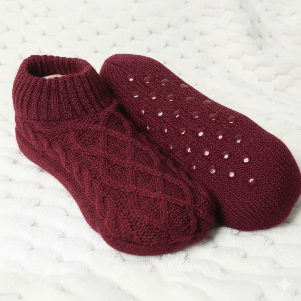 Auldweave women's knitted non-slip indoor slippers – burgundy pair with non-slip sole detail