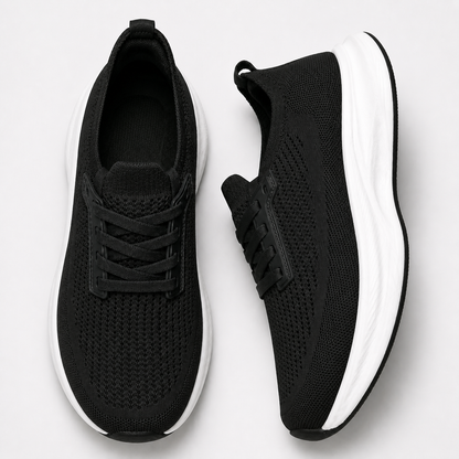 Black wide toe breathable knit trainers in top and side studio views