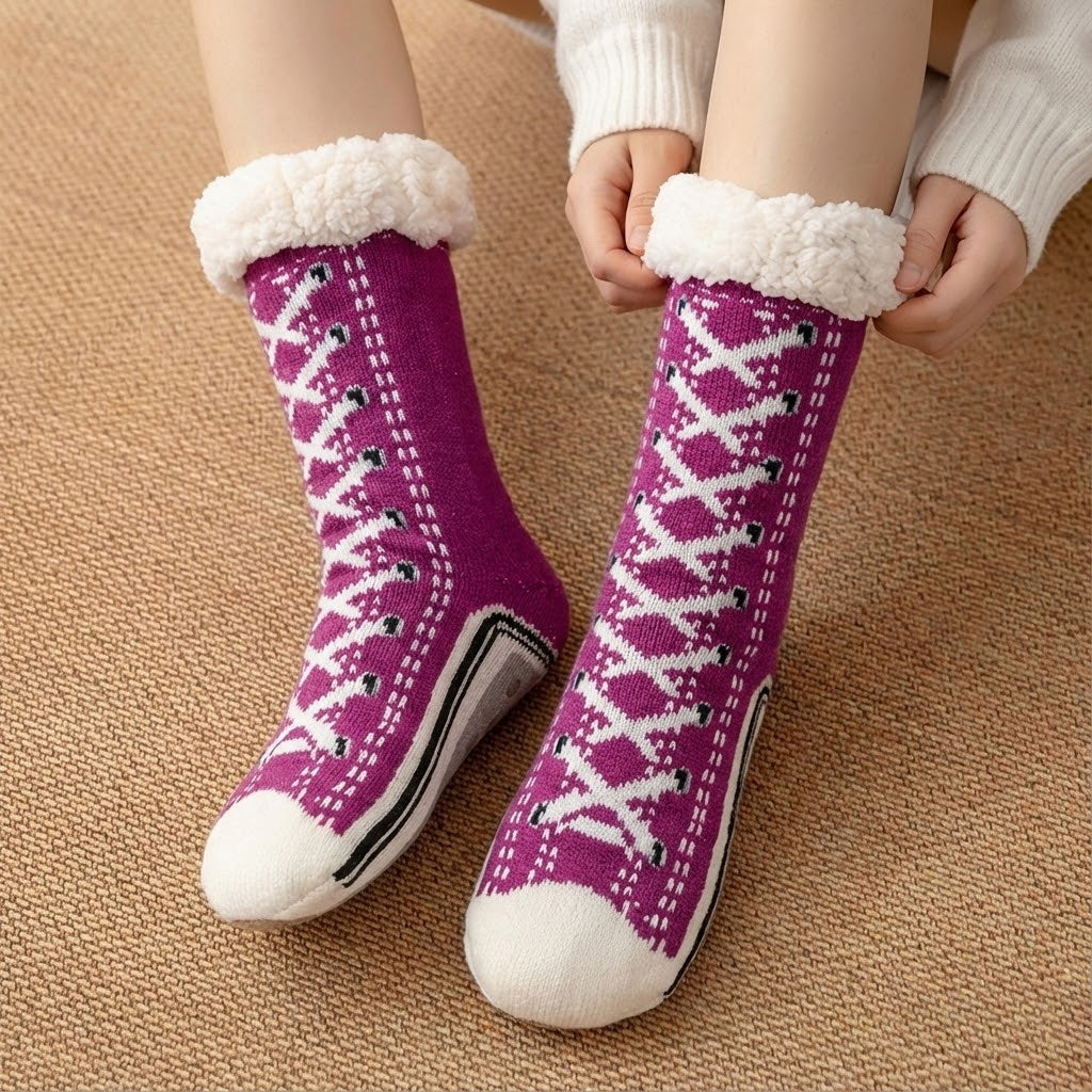 Fleece-lined sneaker-style slipper socks – purple pair with fleece cuffs