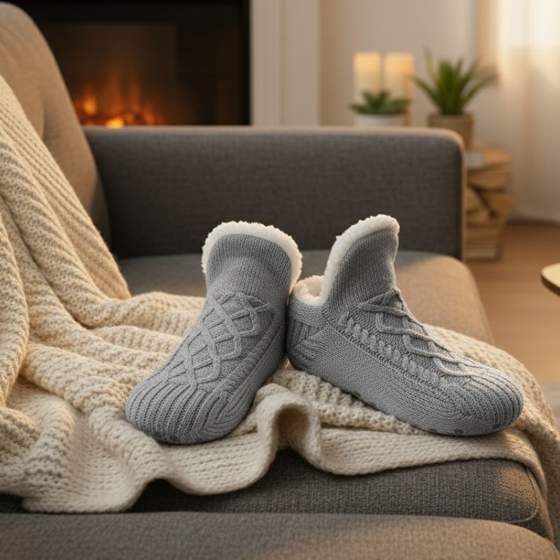 Auldweave unisex soft fleece-lined slipper socks – grey pair beside a fireplace