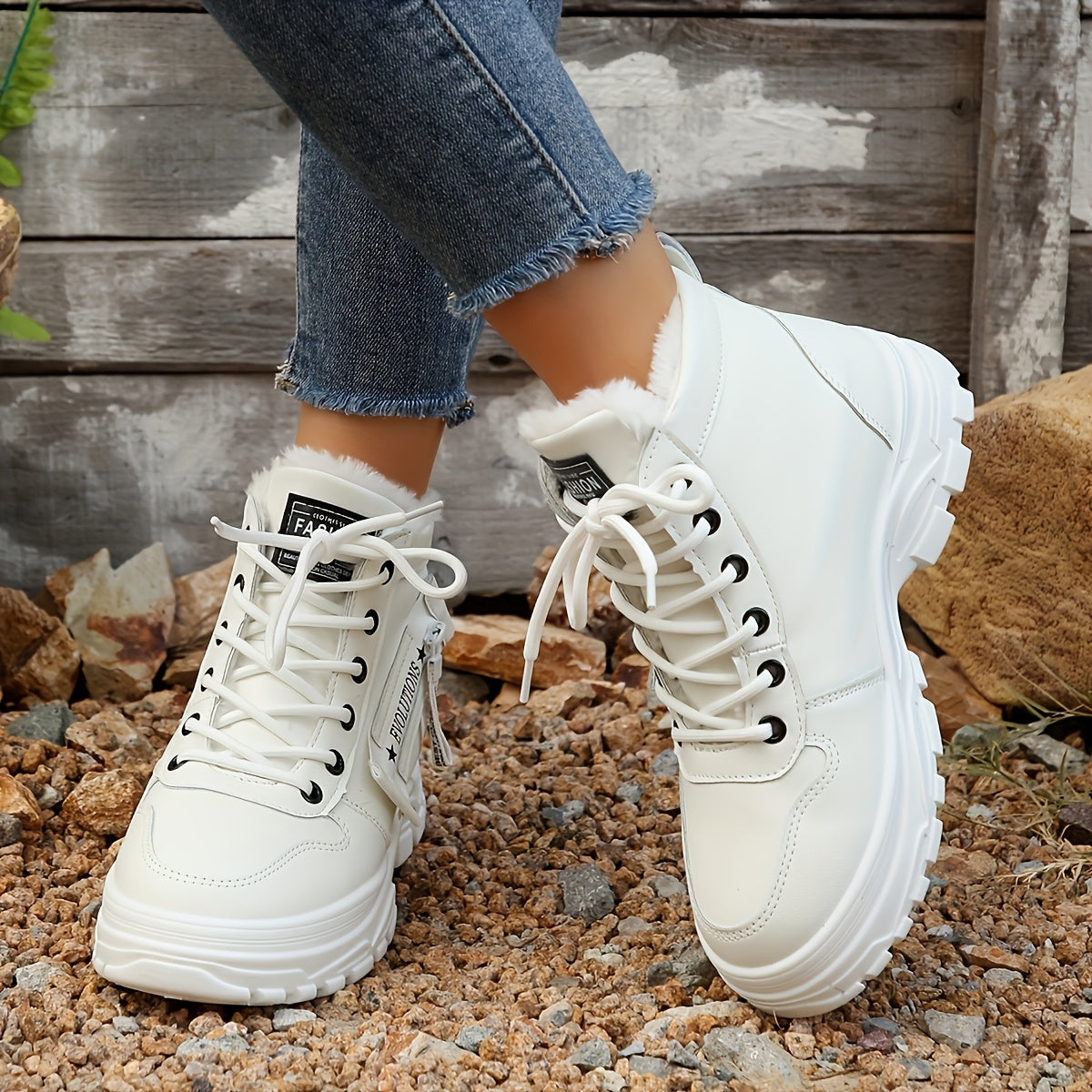 Auldweave women's fleece-lined winter ankle boots – white pair worn outdoors