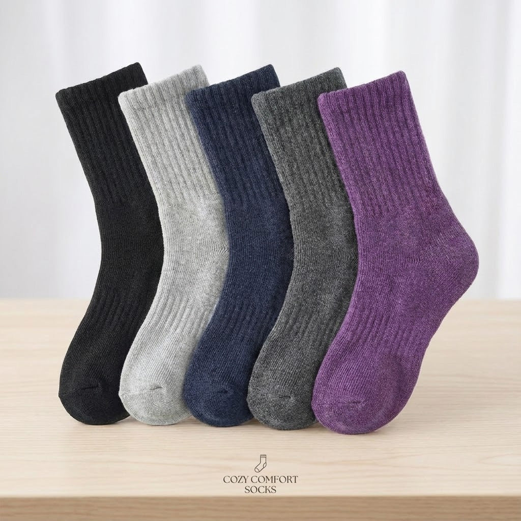 Five-pair winter crew socks – five pairs arranged on a wooden surface