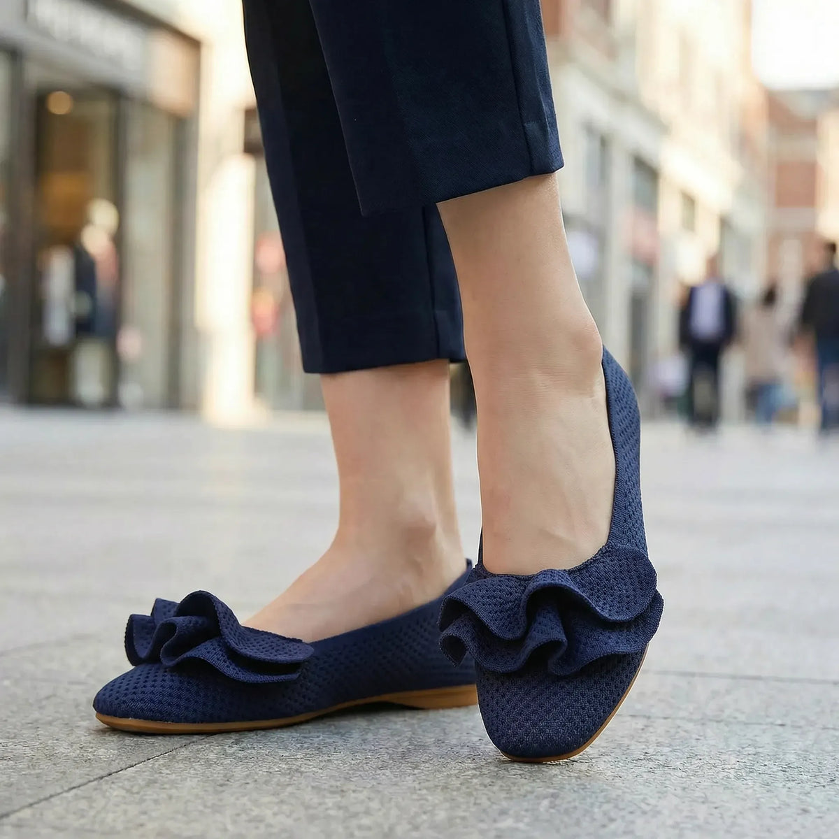 Women's knit slip-on flats shown on foot