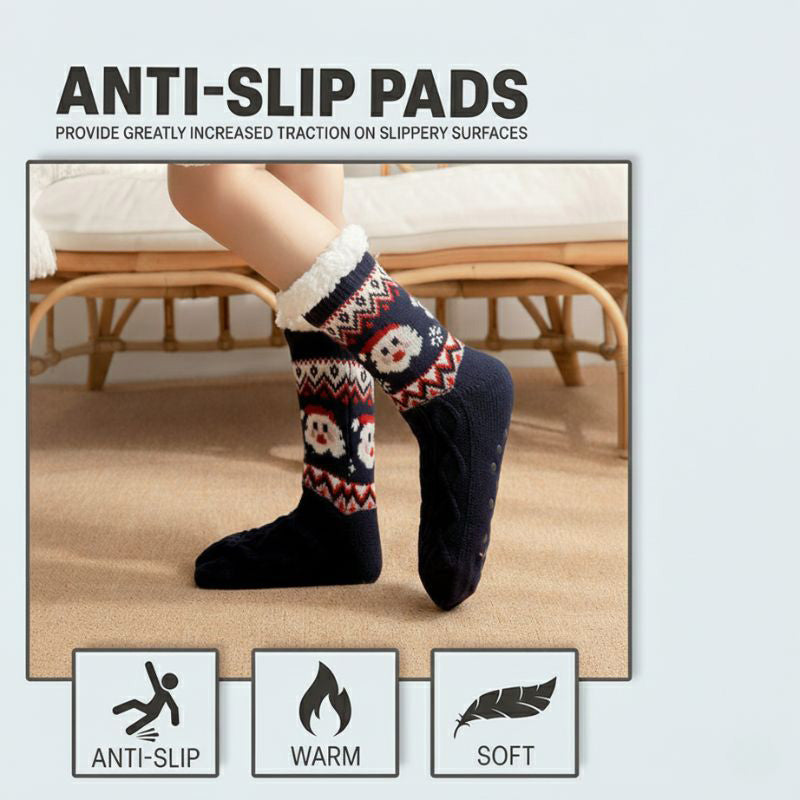 Christmas fleece-lined slipper socks – dark pair with anti-slip feature graphic