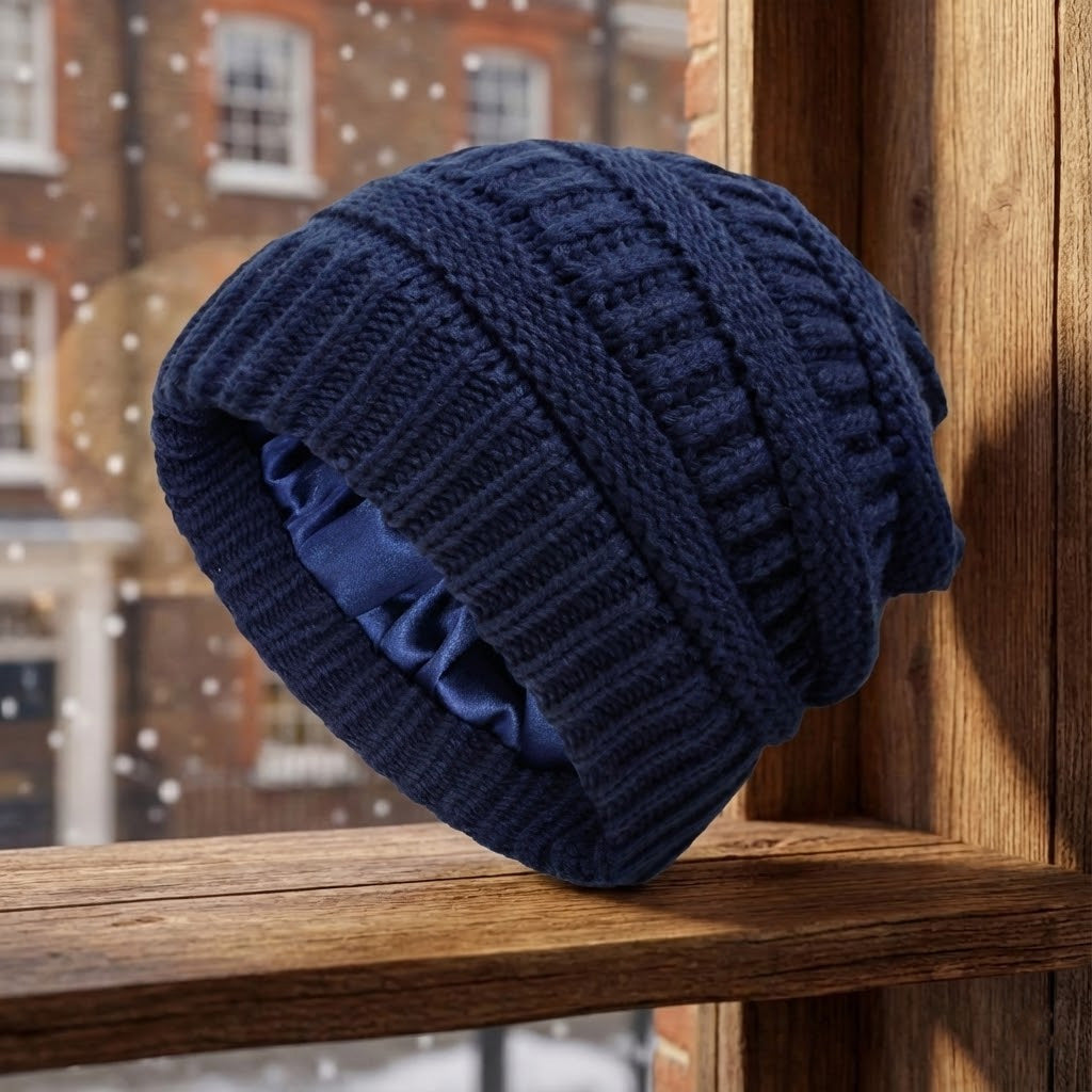 Cable-knit winter beanie – navy beanie on a wooden stool
