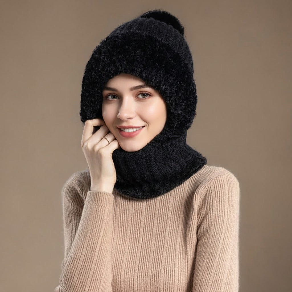 Three-in-one fleece-lined winter hood – black hood worn indoors