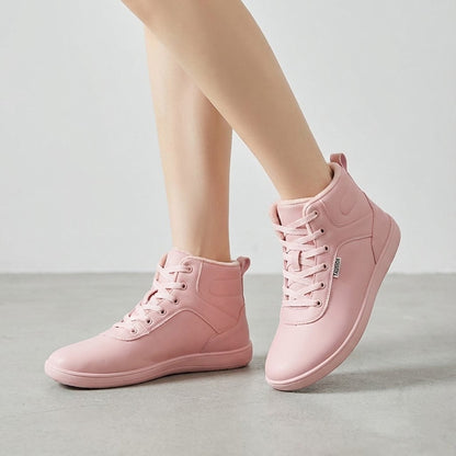 Fleece-lined lace-up winter boots – pink boots worn with trousers