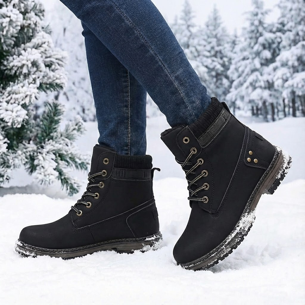 Faux-fur-lined winter ankle boots – black pair worn in snow