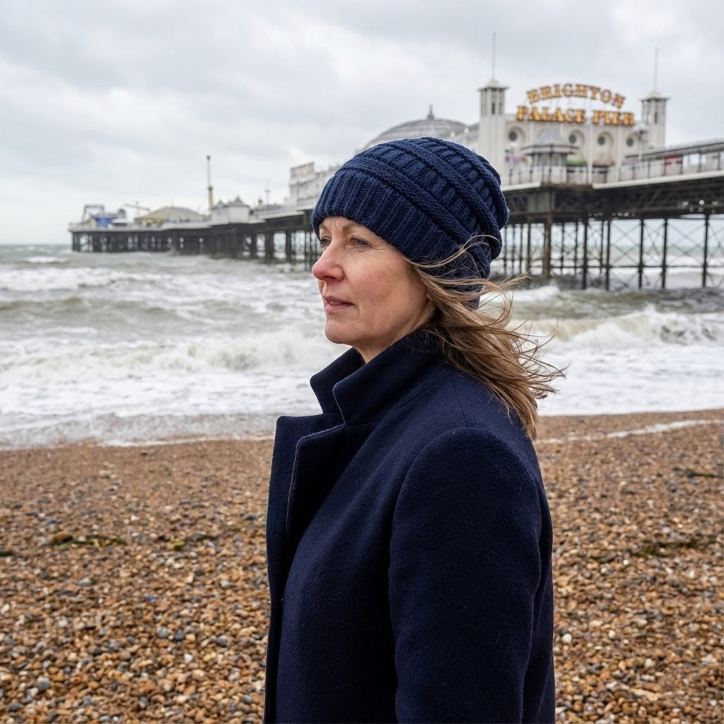 Cable-knit winter beanie – navy beanie worn beside the sea