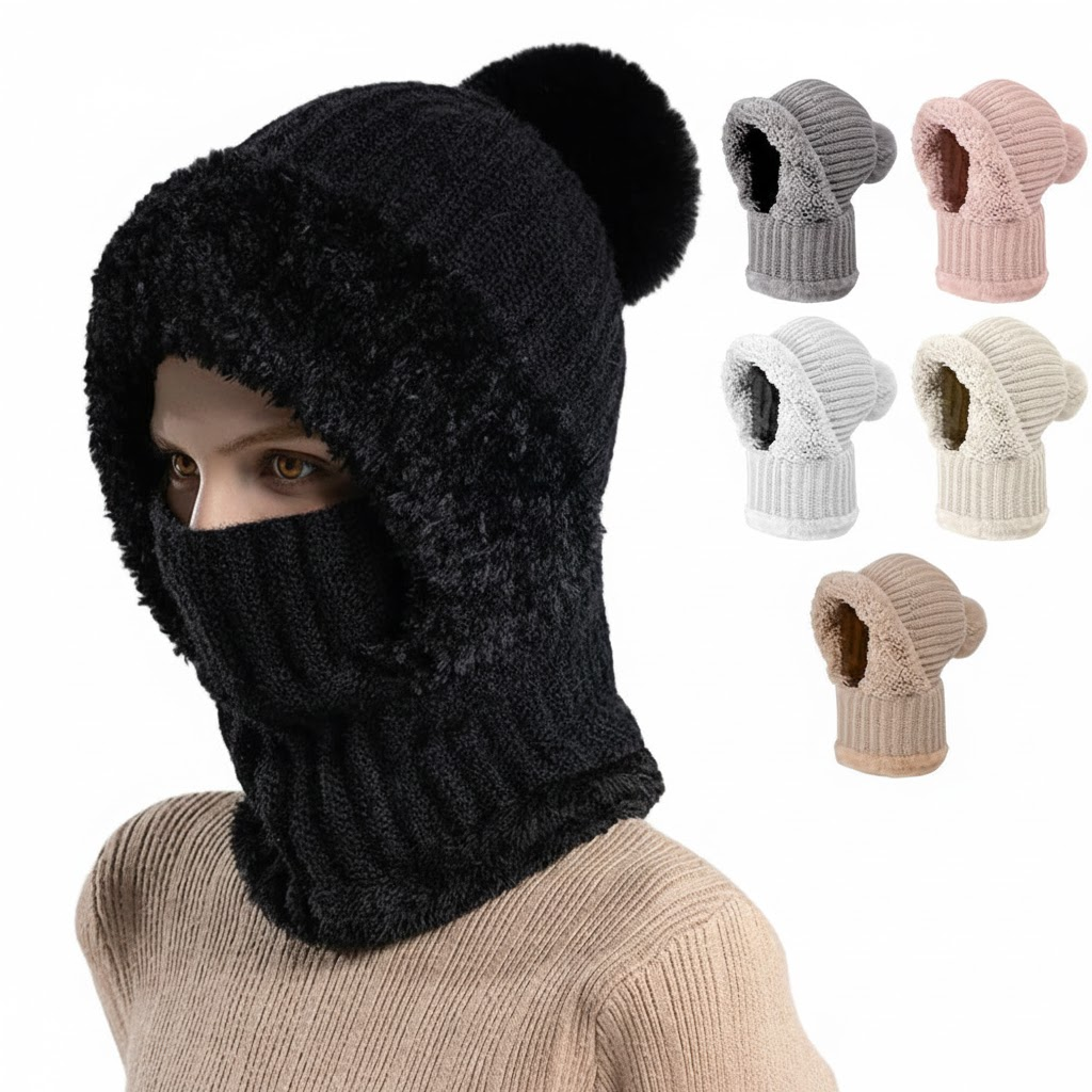 Three-in-one fleece-lined winter hood – black hood worn with face cover raised