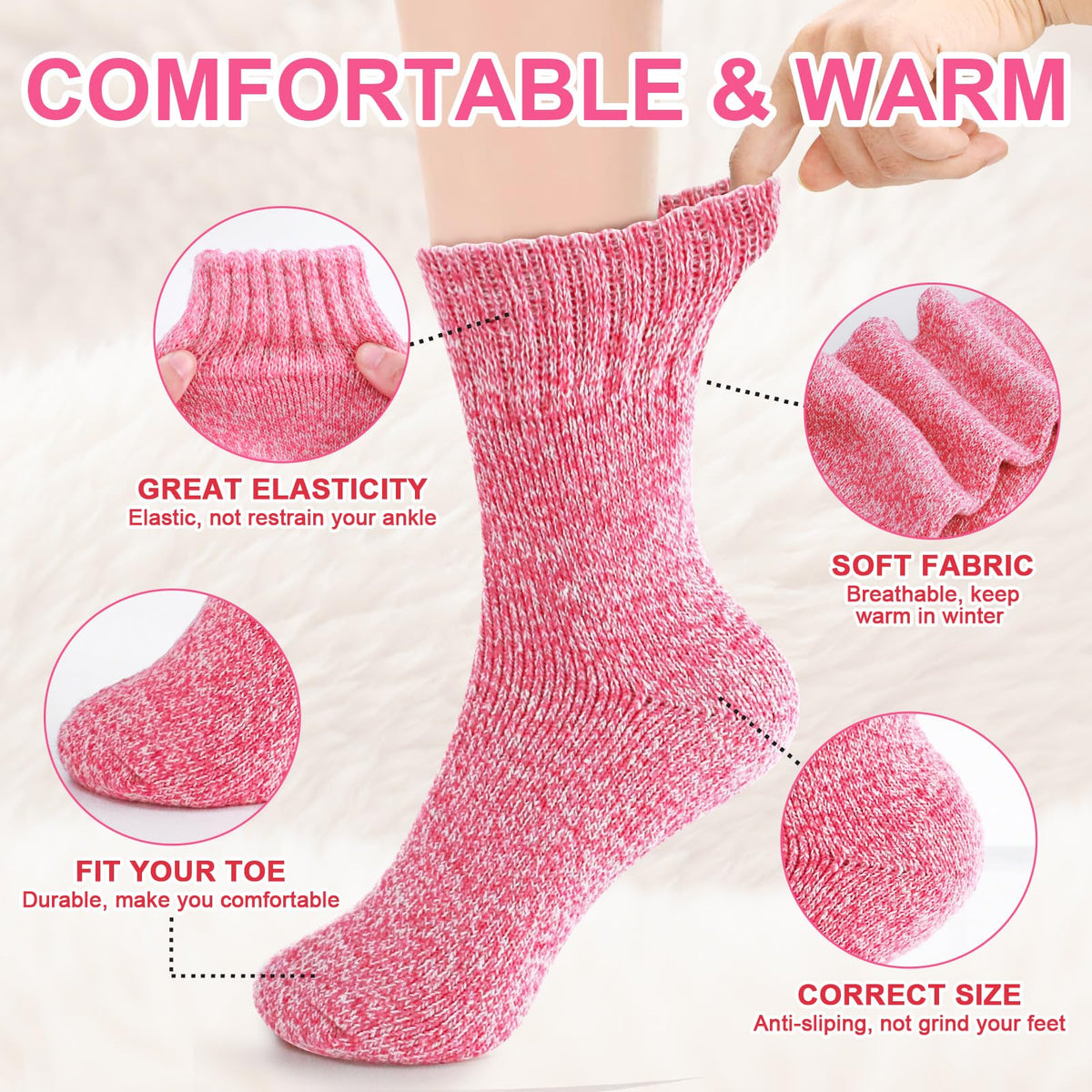 Five-pair thermal wool-blend socks – stretch cuff and knit details
