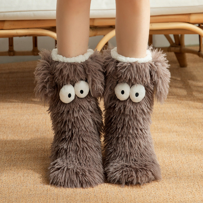 Fluffy dog slipper socks – brown pair front view on feet