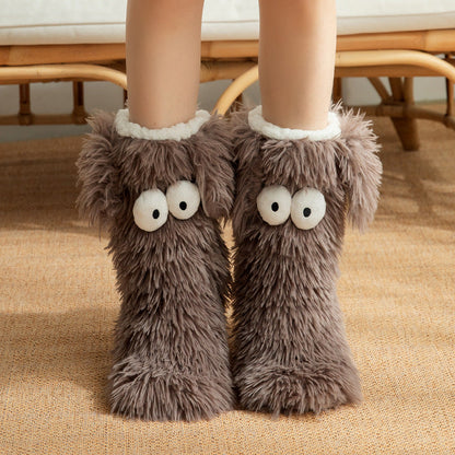 Fluffy dog slipper socks – brown pair front view on feet