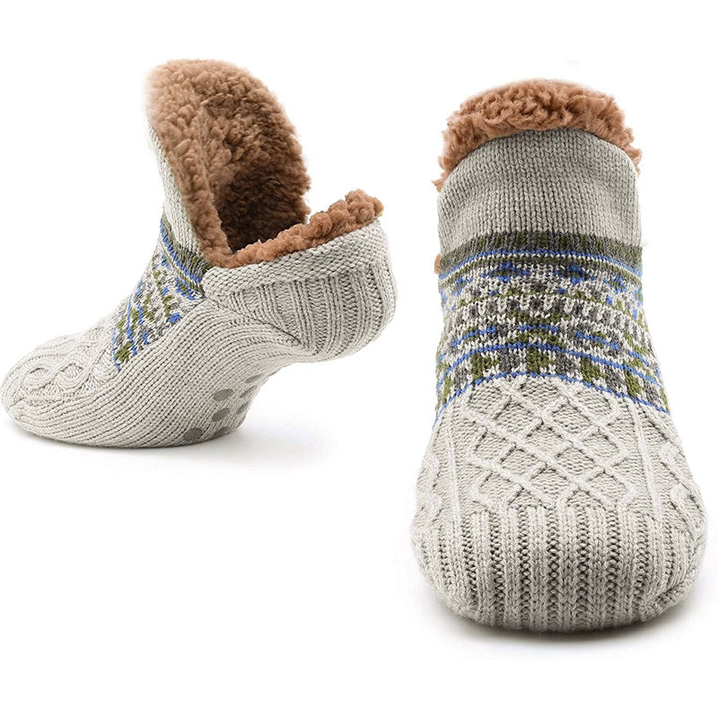 Auldweave warm fleece-lined non-slip slipper socks – grey pair in front and sole views