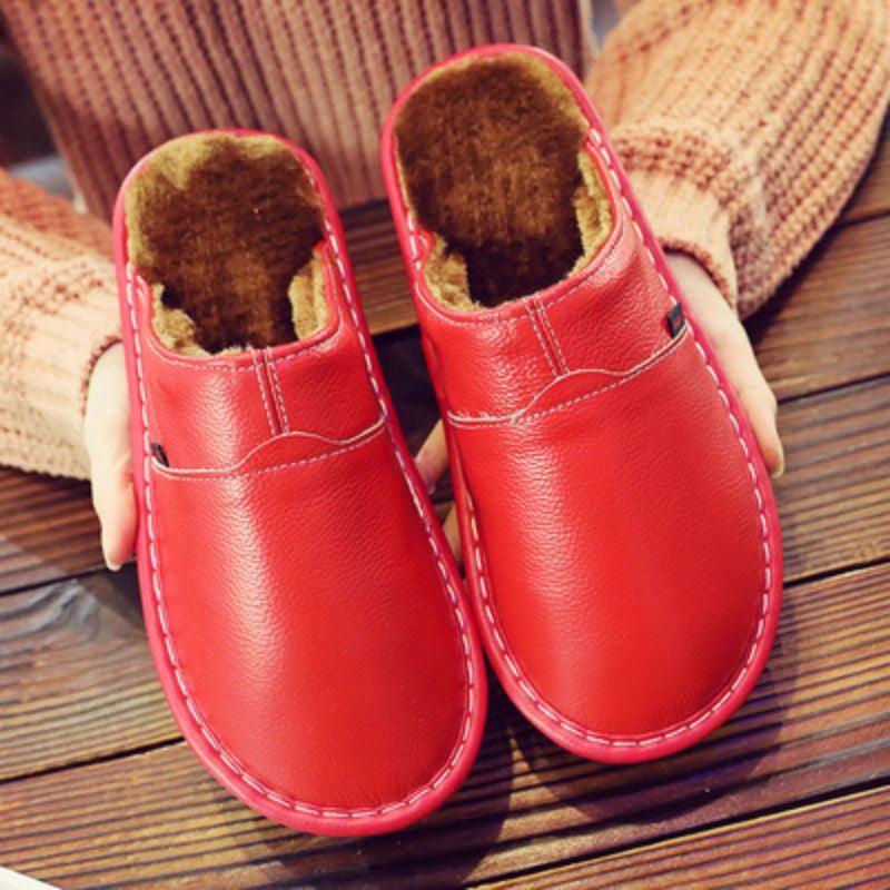 Auldweave warm wide fit leather slippers – red pair showing warm lining