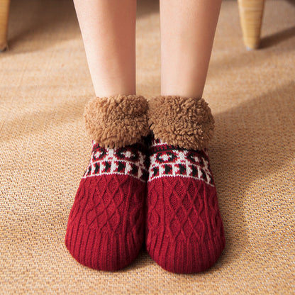 Auldweave warm fleece-lined non-slip slipper socks – burgundy pair worn indoors