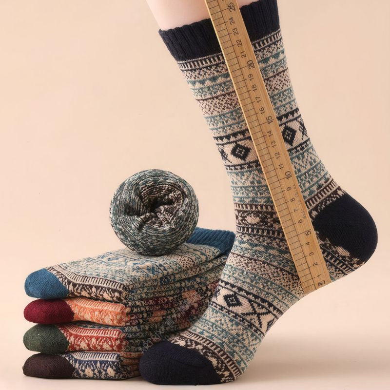Five-pair Nordic-pattern winter socks – geometric pair with folded socks