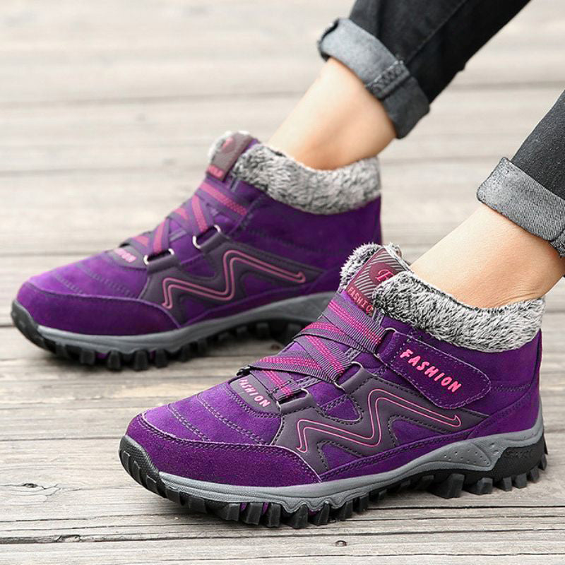 Purple winter boots shown from the front and side